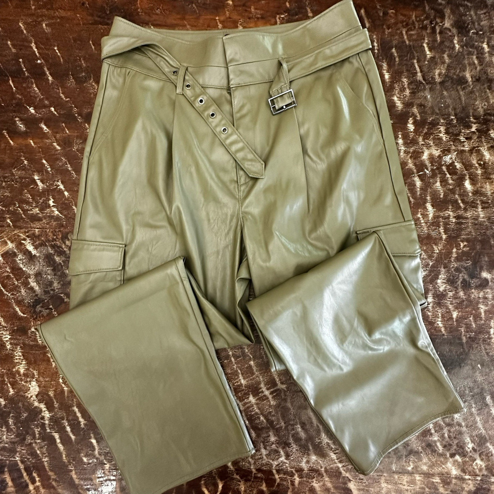 PAIGE Jeans Tesse Faux Leather Utility Pants Army Green Cargo Pockets Size 10